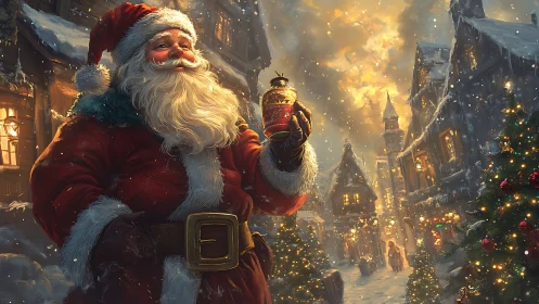 Santa in snow-lit village holds ornament under warm sky glow
