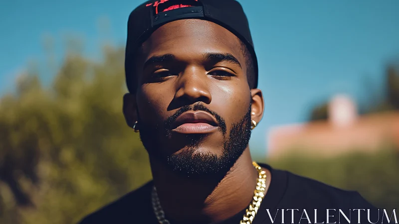 Sunlit urban portrait of confident man in black cap.