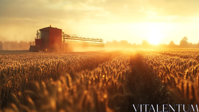 Combine harvester in golden wheat field at hazy sunset light