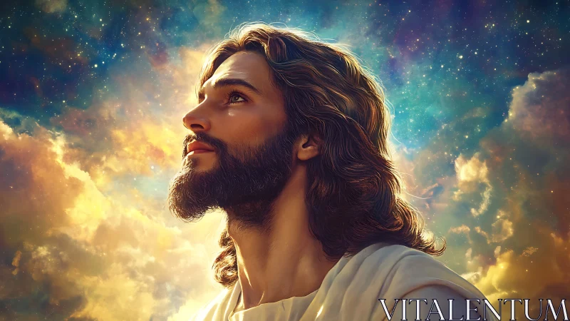 Bearded man gazes heavenward beneath radiant cosmic sky