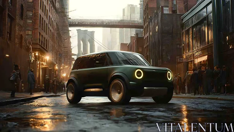 Sleek electric city SUV glides confidently through wet streets