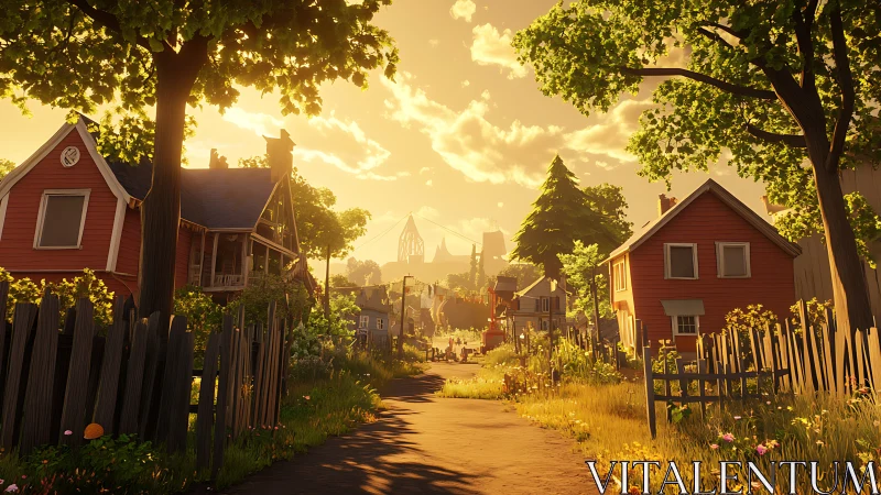 Golden-hour low-poly suburban street renders stylized depth cues