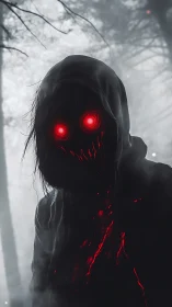 Hooded spectral figure with emissive red eyes in volumetric fog