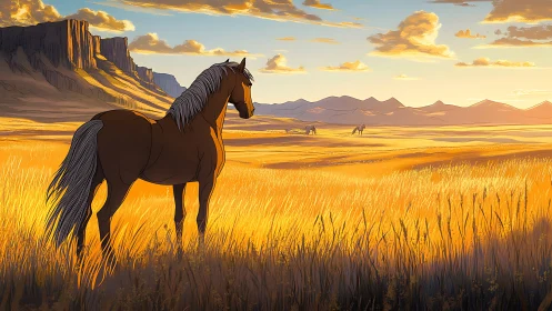 Digital painting of lone horse in cinematic prairie sunset.