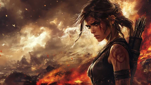 Battle-scarred huntress amid blazing apocalyptic ruins.