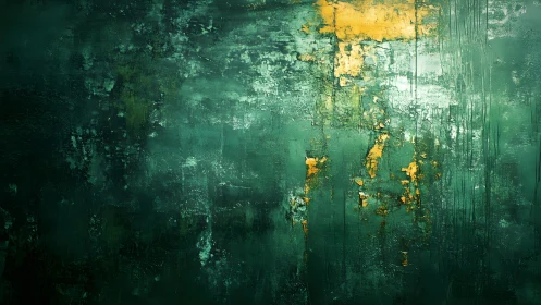 Abstract green textured painting with vibrant gold accents.