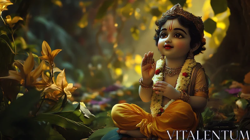 Divine child figure seated in forest with warm light glow.