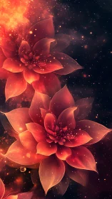 Digital rendering depicts layered red flowers against dark field