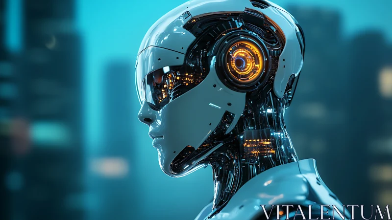 Cyan-lit android profile with exposed luminous circuitry detail.