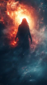 Mystical wanderer walks toward a blazing cosmic gateway.