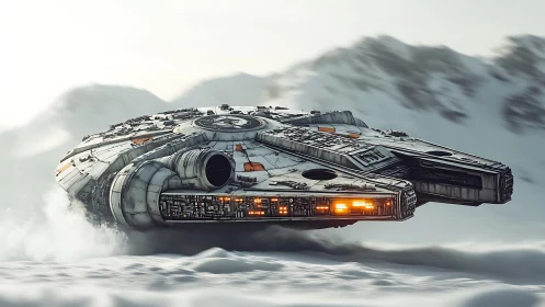 Futuristic disc starship skims frozen landscape at speed