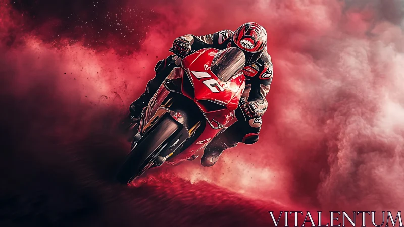 Red racing motorcycle leaning into a cloud of swirling speed.