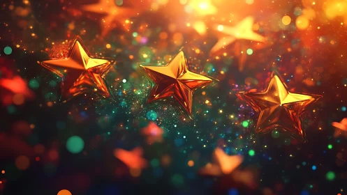 Specular-rendered golden stars float in bokeh-rich luminous field