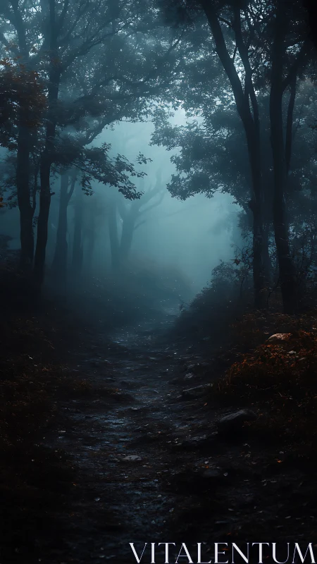 Misty forest path between tall trees with blue atmospheric fog