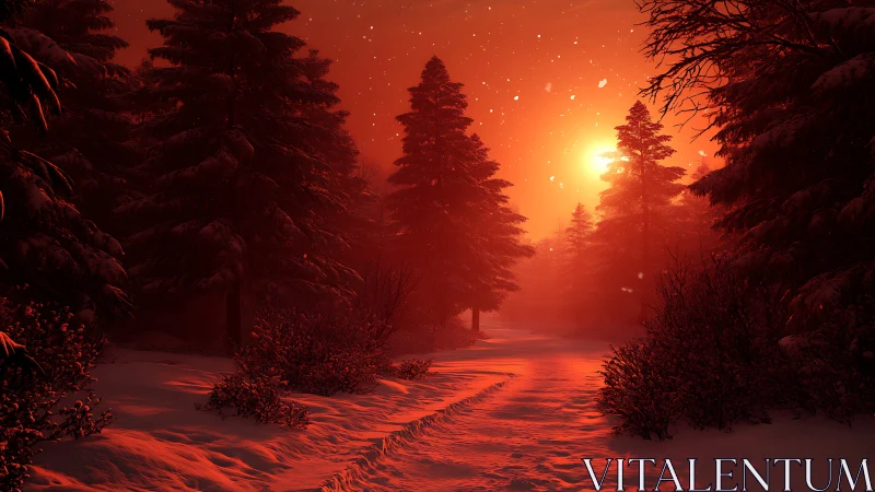 Red winter forest path under glowing sunset sky.