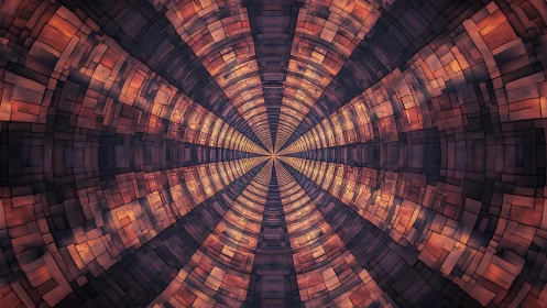 Fractal tunnel of glowing copper tiles recedes into distance