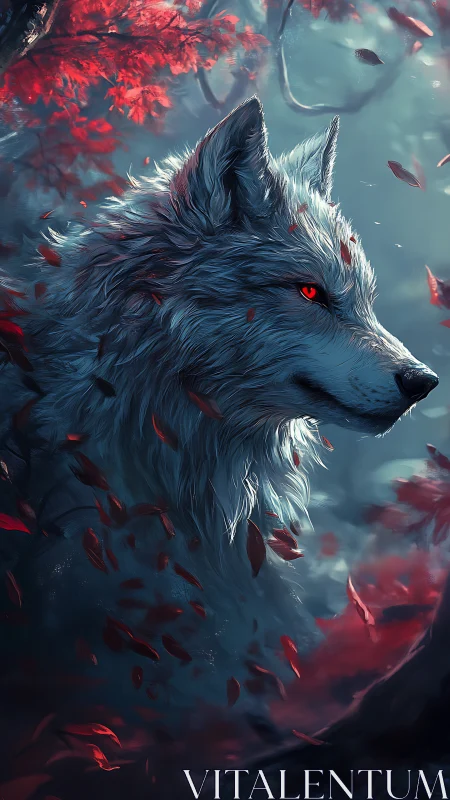 White wolf with red eyes stands in a glowing red forest