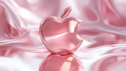 Transparent Pink Apple Logo on Glossy Silk Background, 3D Style.