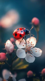 Ladybug rests on white blossom in soft spring bokeh