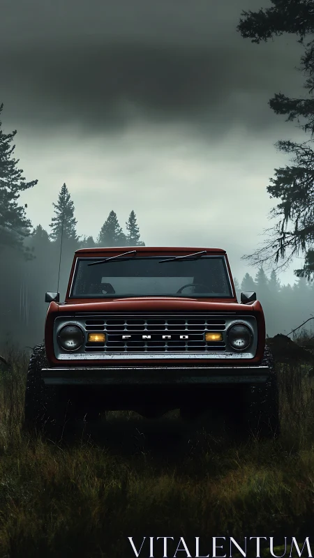 Storm-bent forest sentinel truck eyeing the muddy horizon.