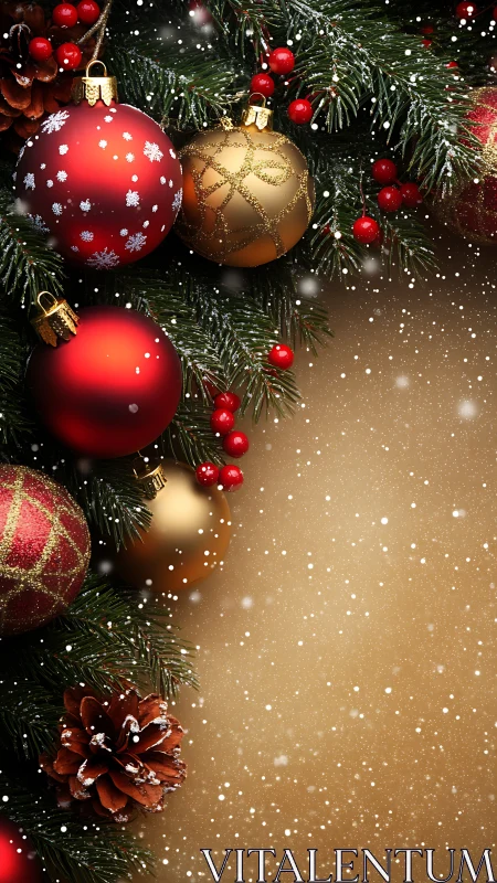 Christmas tree ornaments with snow against golden background.