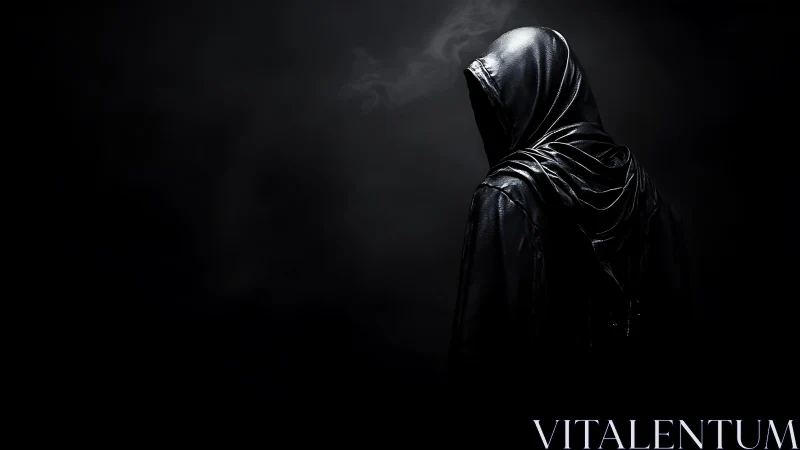 Hooded figure in shadow exudes ominous, cinematic mystery