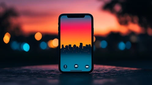 Smartphone displaying golden hour cityscape with UI elements in focus.