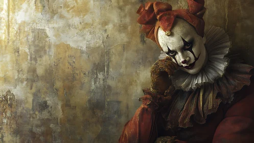 Mysterious clown rests against a worn golden wall.