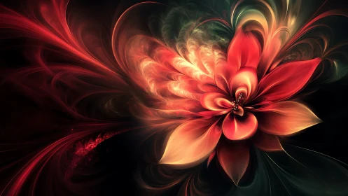 Digital fractal flower expands in swirling red light