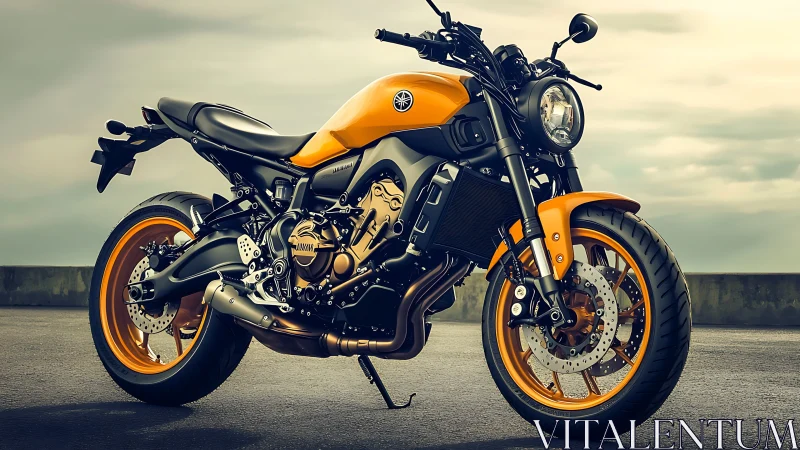 Yellow and black modern street motorcycle on open pavement.