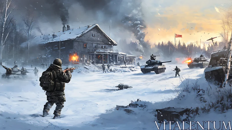 Soldiers Brave Winter Combat in Snowy Battlefield.