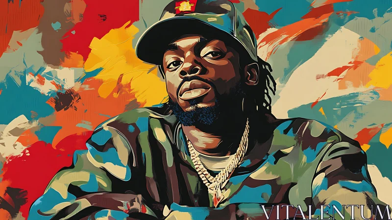 Digital portrait depicts man in camo jacket against abstract field