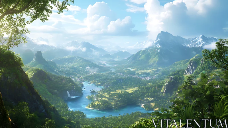 Dreamy river valley cradled by bright mountains and sky.