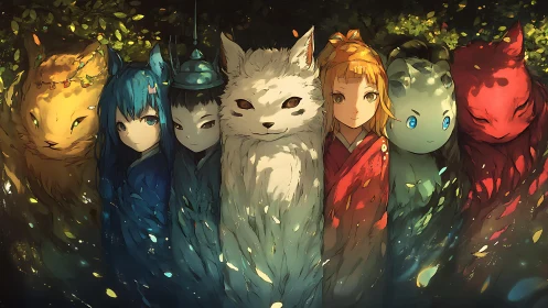 Forest spirit lineup of fox guardians and quiet shrine kids.