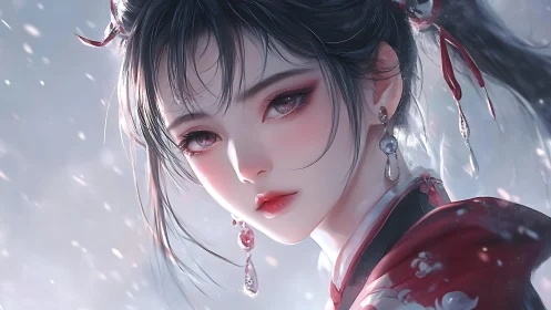 Snowlit crimson maiden gazes through swirling petal hush.