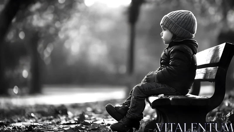 Quiet park moment with a thoughtful child on a bench.