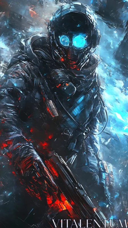 Frostbitten void trooper with neon eyes and ember rifle.