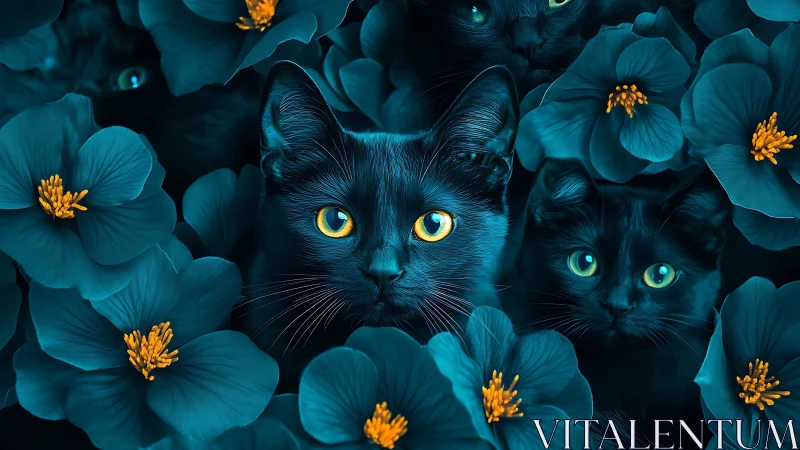 Black Cats Pierce Through Teal Blooms with Luminous Stares
