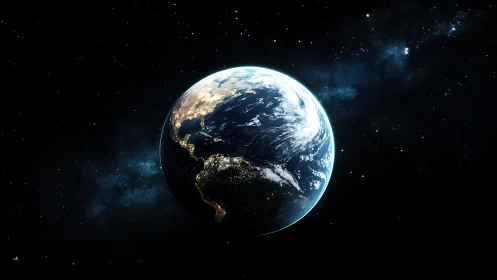 Illuminated Earth terminator over Atlantic in deep-space context.