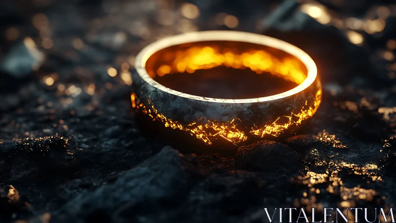 Glowing metallic ring rests on dark textured rocky ground