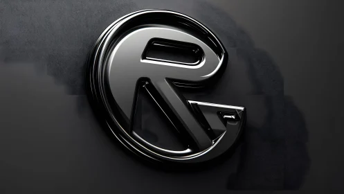 Sleek black metallic letter R logo on a dark textured background.