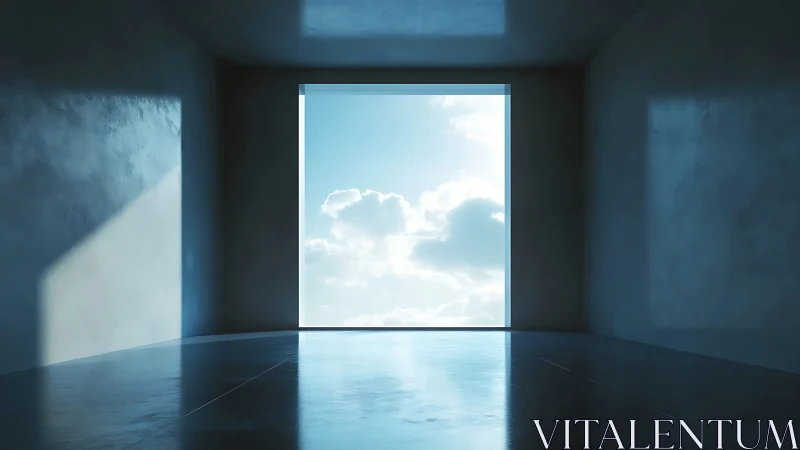 Minimalist Room Opens to Serene Sky and Clouds