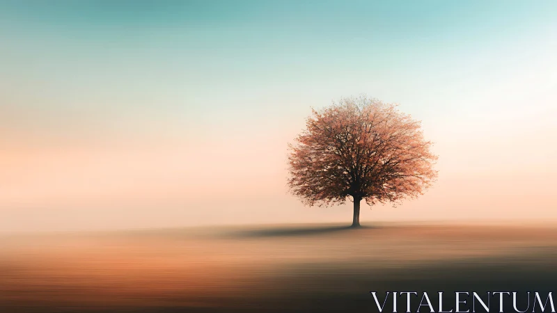 Solitary blossom tree adrift in pastel dawn haze.