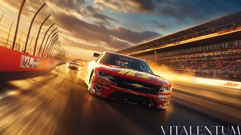 Sunset stock car thunderstorm charging through blazing laps.