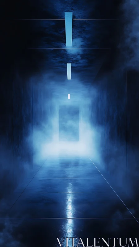 Moody blue corridor recedes into fog and an unknown exit