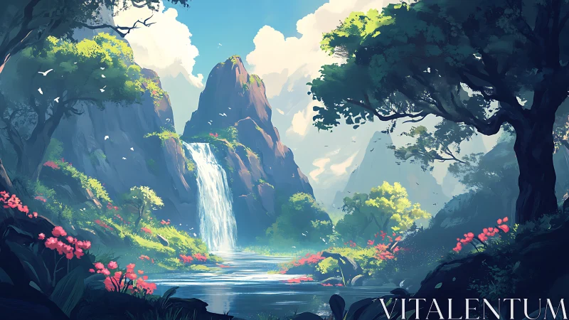Lush temperate valley waterfall in stylized digital landscape art