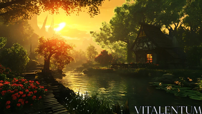 Luminous river cottage at golden-hour in dense forest glade.