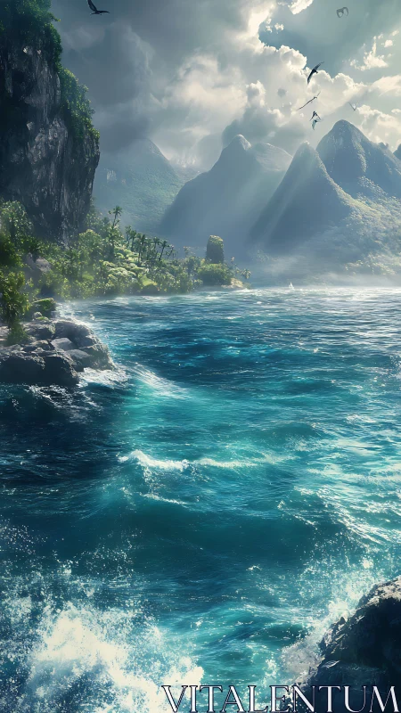 Dramatic coastal landscape with misty mountains and turquoise waters