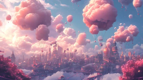 Floating cloud balloons above luminous future city.