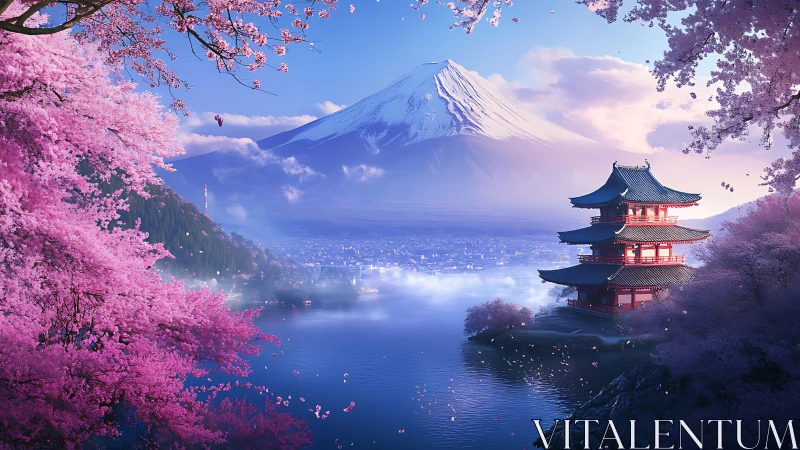 Spring blossoms frame a tranquil lakeside temple at sunrise